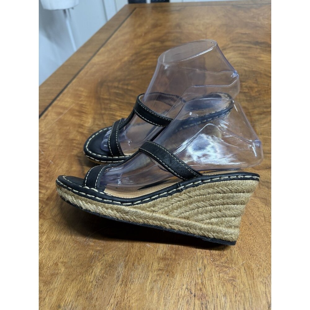 Born Sandals Women’s 6 M Espadrille Black Leather Slip‎ On Casual Wedge W3494